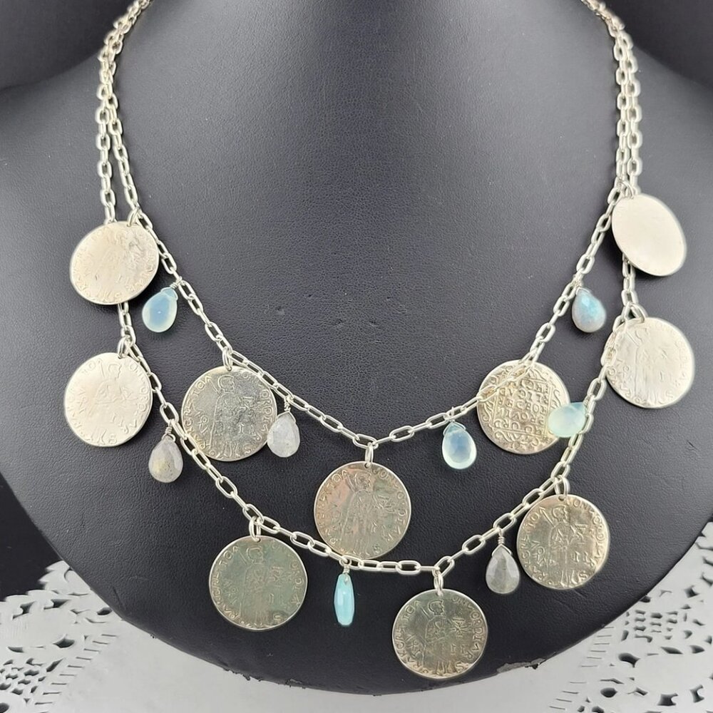 Stunning Riviera Labradorite Stella & Dot Multi Strand Greek Coin Necklace - Picture 6 of 8